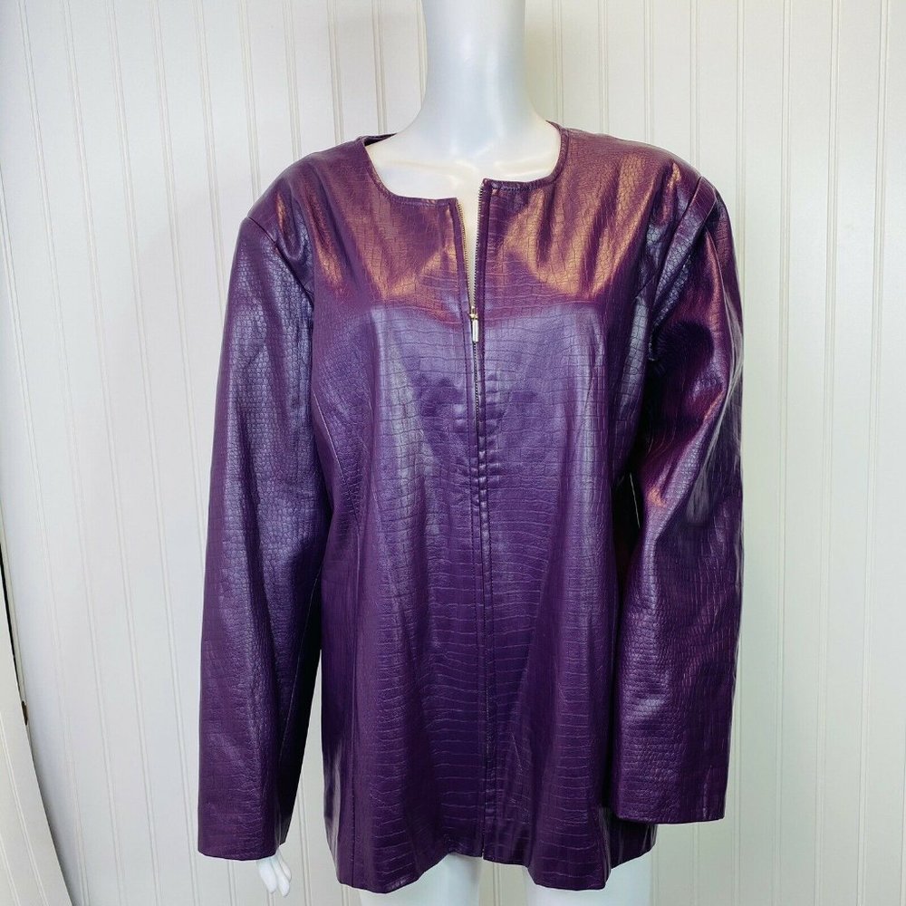 Susan Graver 1X Vegan Leather Zip Up Jacket Purple